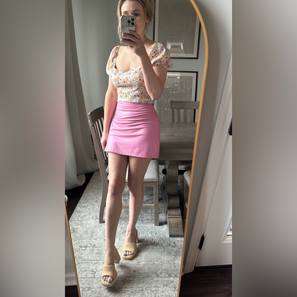 Pink Faux Leather Stretchy Mini Skirt - Picture 6 of 13